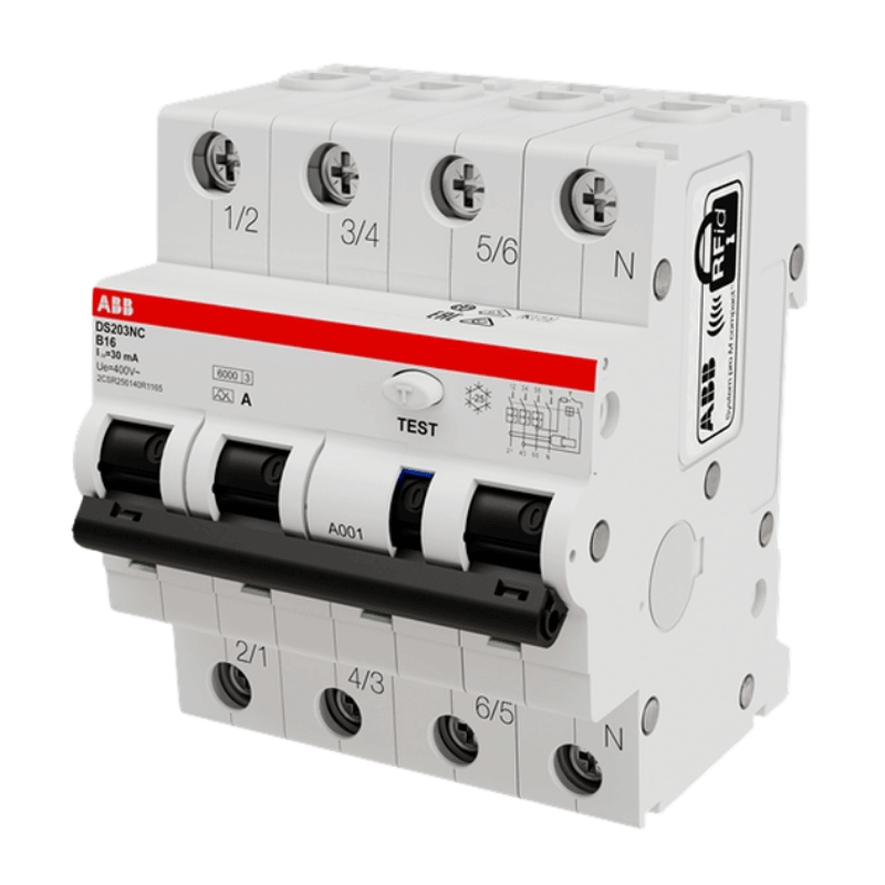 ABB DS203NCA-B16/0,03 FI/LS-Schalter – Typ A, C-Char., 3-polig+N, B16, 6 kA, 30 mA