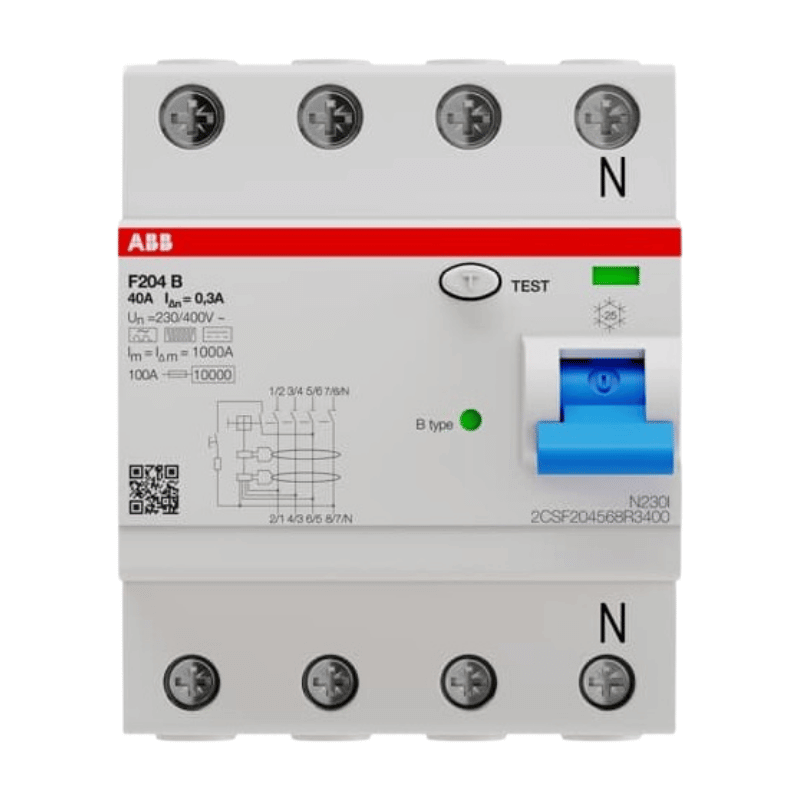 ABB F204B-40/0,3 FI-Schutzschalter – Typ B, 4-polig, 40A, 300mA, 3kA, 4TE