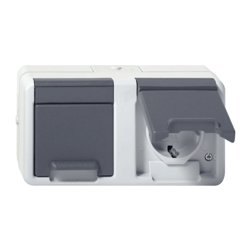 Gira 478130 Aufputz Schuko-Steckdose – WG AP, 2-fach, waagerecht, Klappdeckel, grau