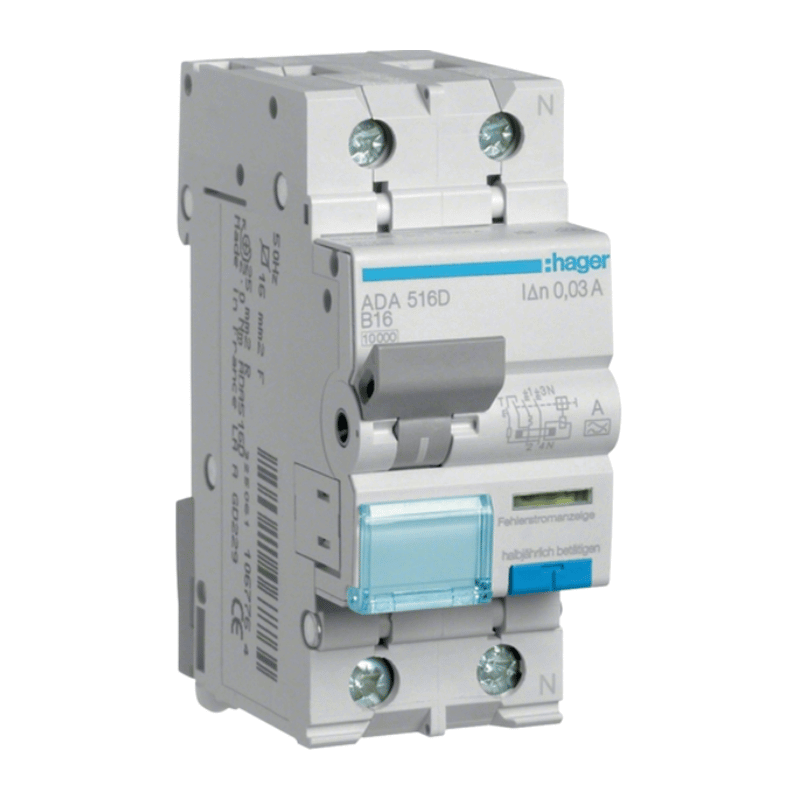 Hager ADA516D FI/LS-Schalter – Typ A, B-Char., 1-polig+N, B16A, 10kA, 30mA