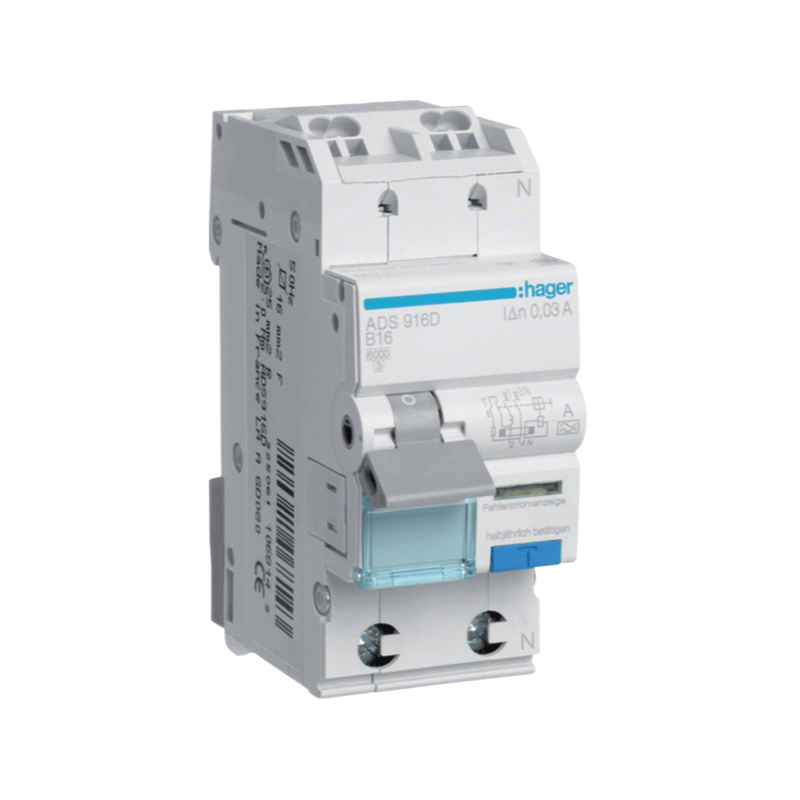 Hager ADS916D FI/LS Schalter – 1P+N, 6kA, B-16A, 30mA, Typ A, QuickConnect
