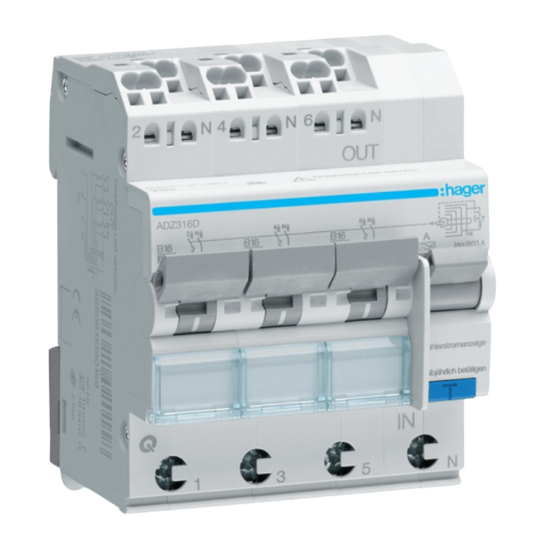 Hager ADZ316D FI/LS-Schalter – QuickConnect, Typ A, B-Char., 3×1-polig+N, B16A, 6kA, 30mA