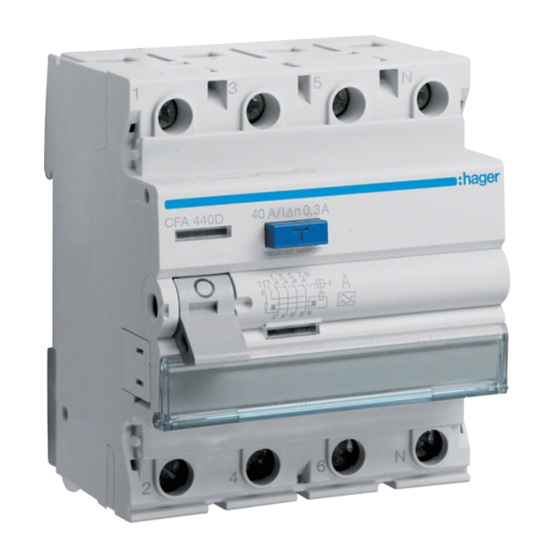Hager CFA440D FI-Schutzschalter – Typ A, 4-polig, 6kA, 40A, 300mA
