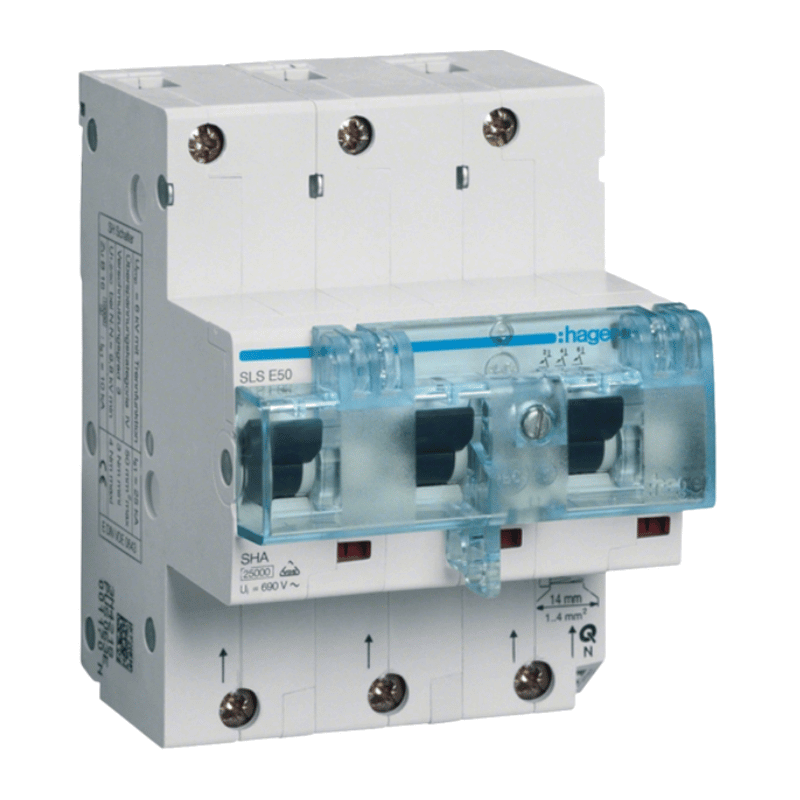 Hager HTN350E SLS-Schalter – 3-polig, E-Charakteristik, 50A, Hutschienenmontage