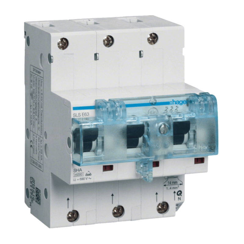Hager HTN363E SLS-Schalter – 3-polig, E-Char., 63A, Hutschienenmontage