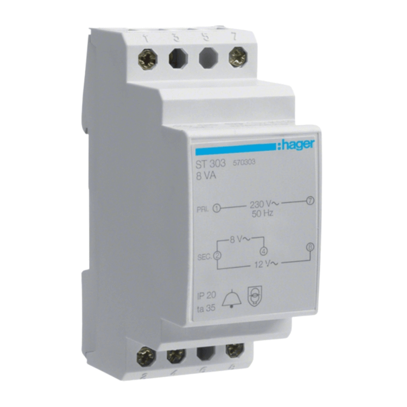 Hager ST303 Klingeltrafo – 230V / 8V & 12V, 8VA, 2TE