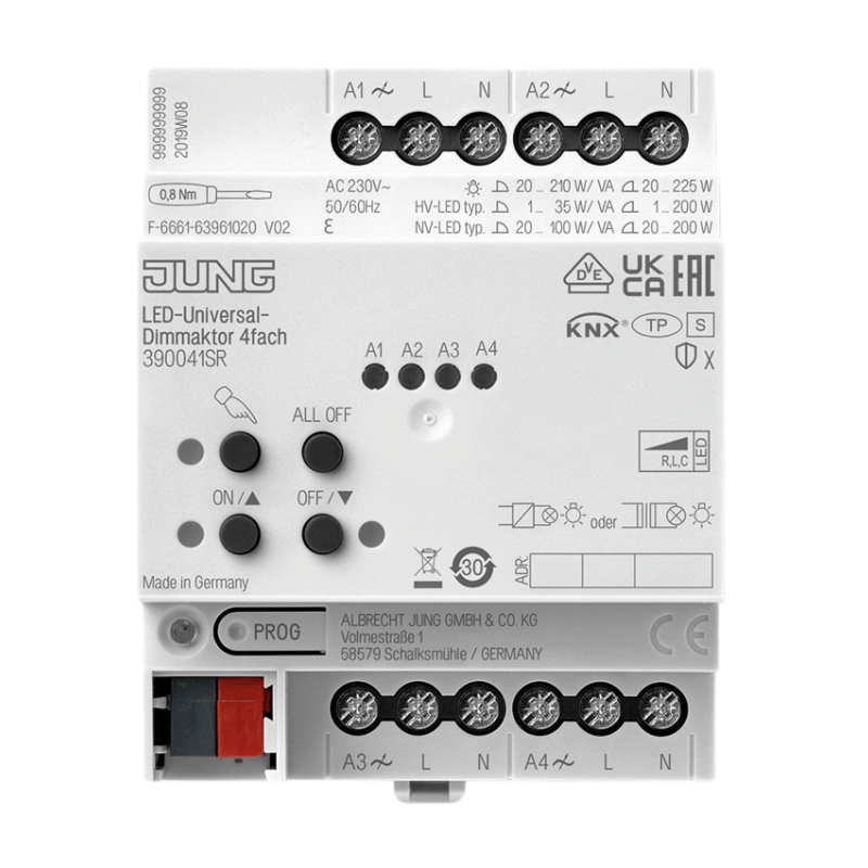 Jung 390041SR KNX-Dimmaktor – 4-fach, 4x225W, REG 4TE, HV-LED