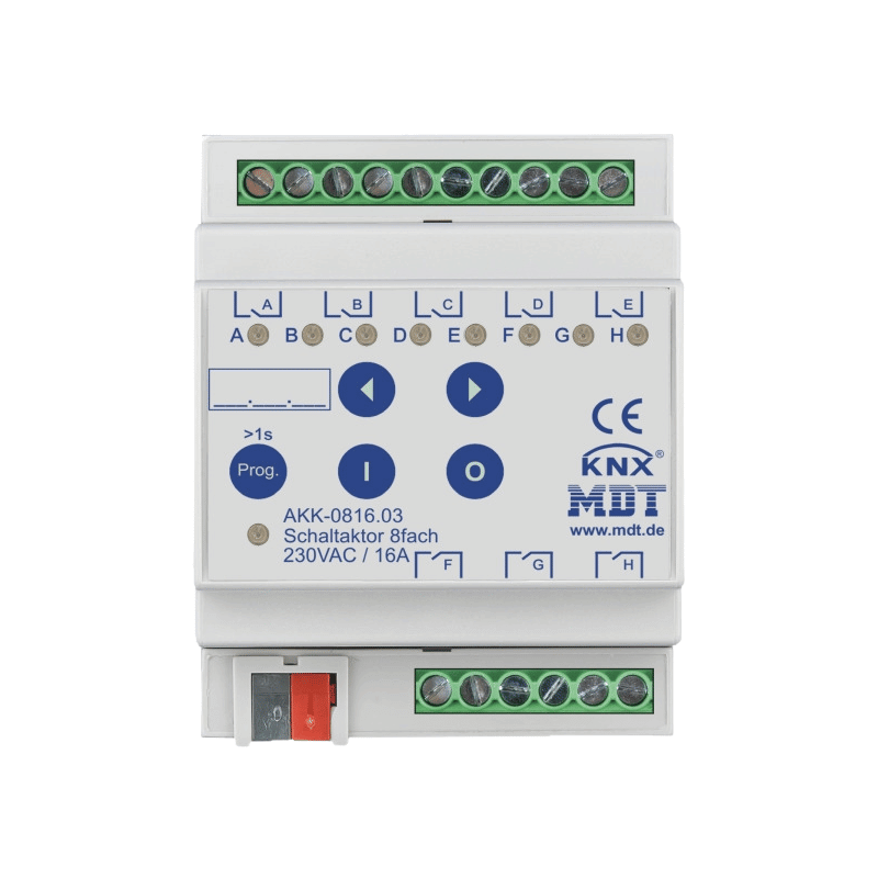 MDT AKK-0816.03 KNX Schaltaktor – 8-fach, 4TE REG, 16 A, 230 V AC, kompakt, 70 µF, 10 EVG