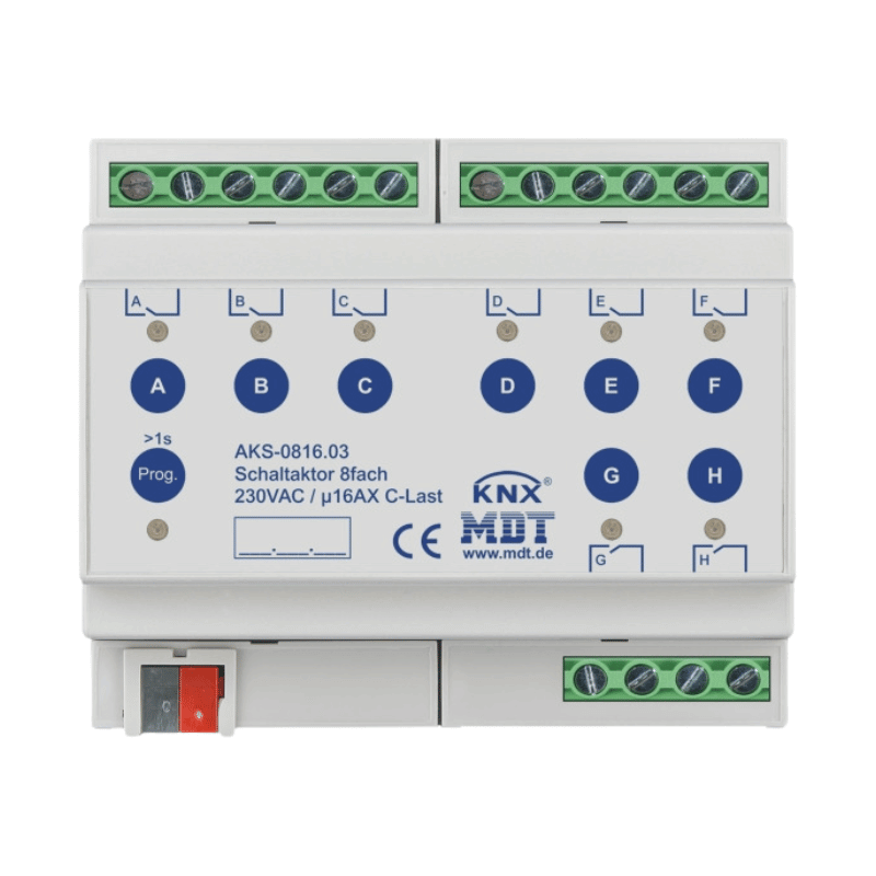 MDT AKS-0816.03 KNX Schaltaktor – 8-fach, 6TE REG, 16 A, 230 V AC, C-Last Standard, 140 µF