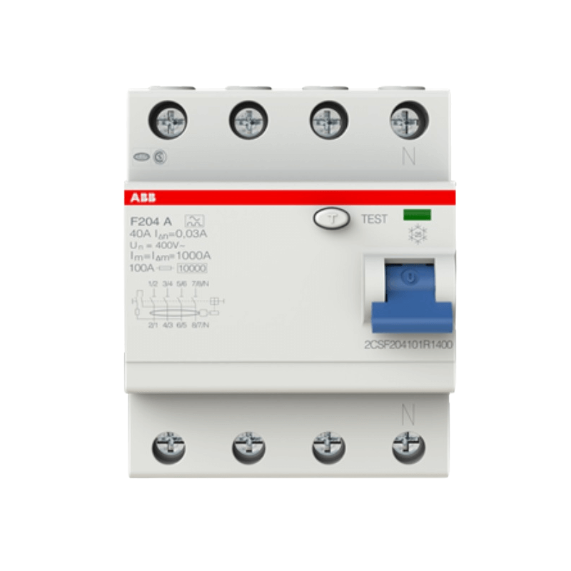 ABB F204A-40/0,03 FI-Schutzschalter – 4-polig, 30 mA, Typ A, 40 A, für DIN-Schiene, grau