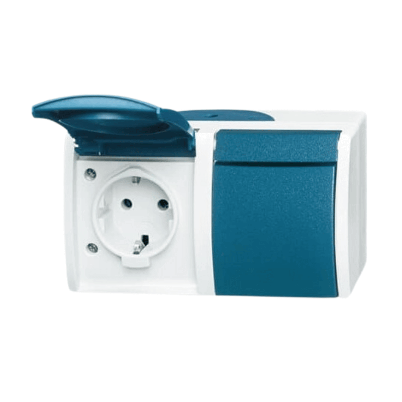 Busch-Jaeger 20/2EW-53 AP Schuko-Steckdose – Ocean, 2-fach, waagerecht, IP44, grau / blau-grün