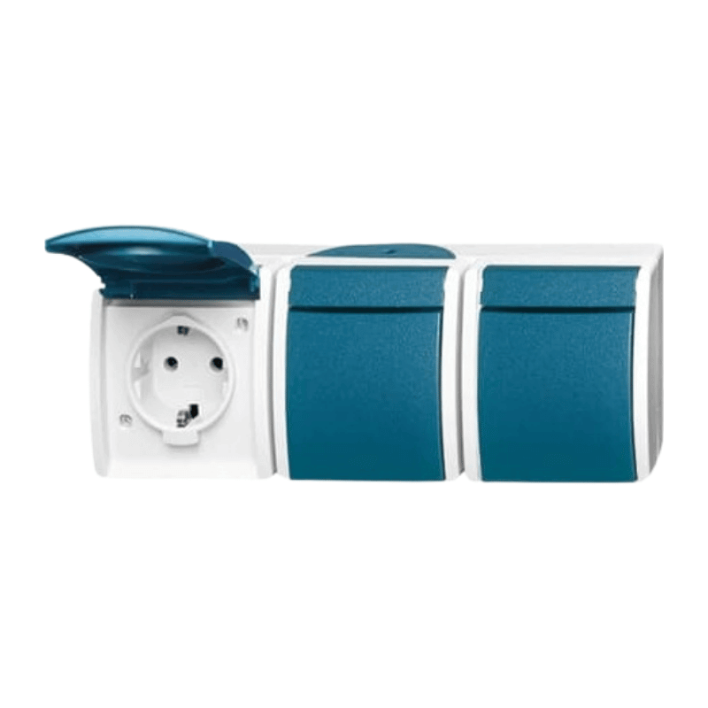 Busch-Jaeger 2300/3EW-53 Schuko-Steckdose – Ocean, 3-fach, Aufputz, waagerecht, grau/blaugrün
