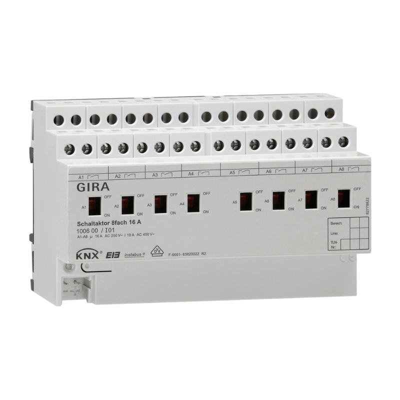 Gira KNX-Schaltaktor 100600 – 8-fach, 16 A, Handbetätigung, REG
