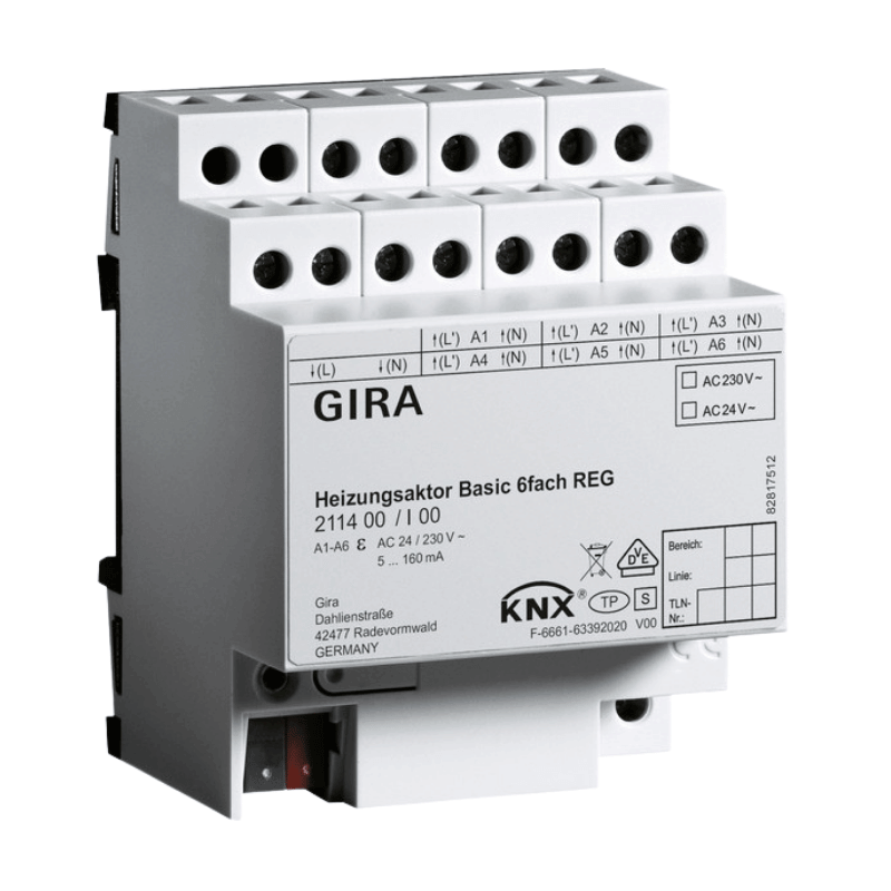 Gira KNX-Heizungsaktor Basic 211400 – 6-fach, thermische Stellantriebe, 24/230 V, REG