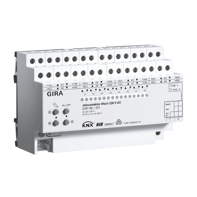 Gira KNX-Jalousieaktor 216100 – 8fach, AC 230 V, Handbetätigung, REG