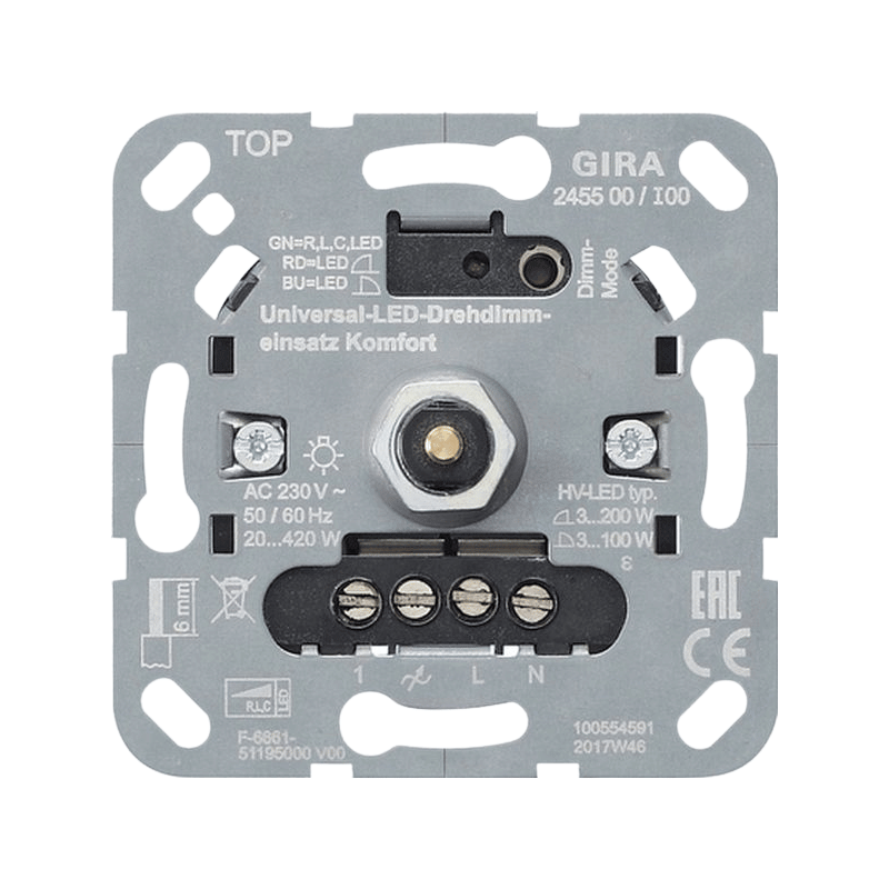 Gira 245500 Universal-LED-Drehdimmereinsatz – System 3000, Komfort, LED 3-200W