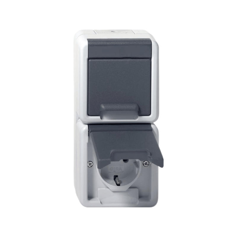 Gira 478030 Schuko-Steckdose – WG AP, 2-fach, senkrecht, Klappdeckel, IP44, grau