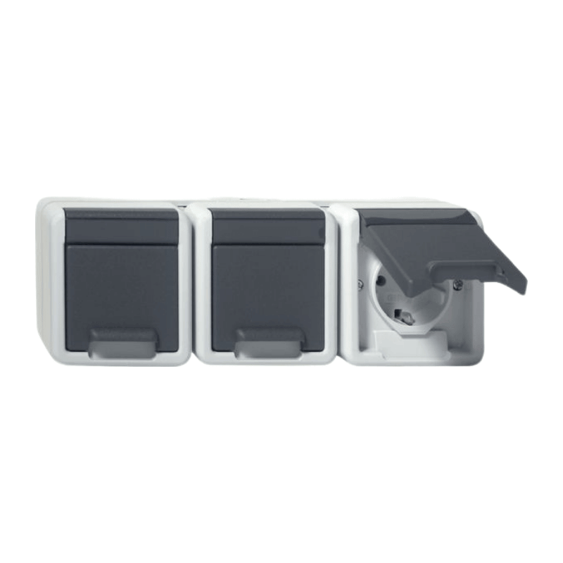 Gira 478930 Schuko-Steckdose – WG AP, 3-fach, waagerecht, Klappdeckel, IP44, grau