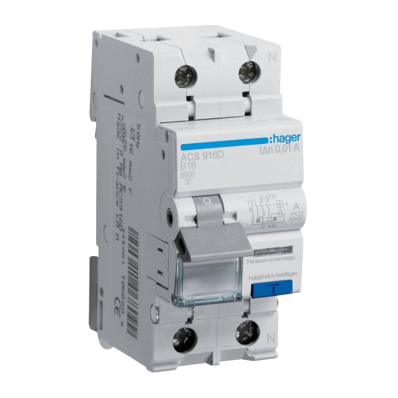 Hager ACS916D FI/LS-Schalter – QuickConnect, Typ A, B-Char., 1-polig+N, B-16A, 6kA, 10mA