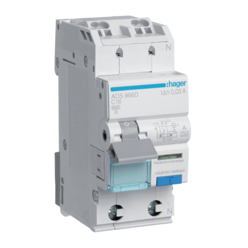 Hager ADS966D FI/LS-Schalter – QuickConnect, Typ A, C-Char., 1-polig+N, C16A, 6kA, 30mA
