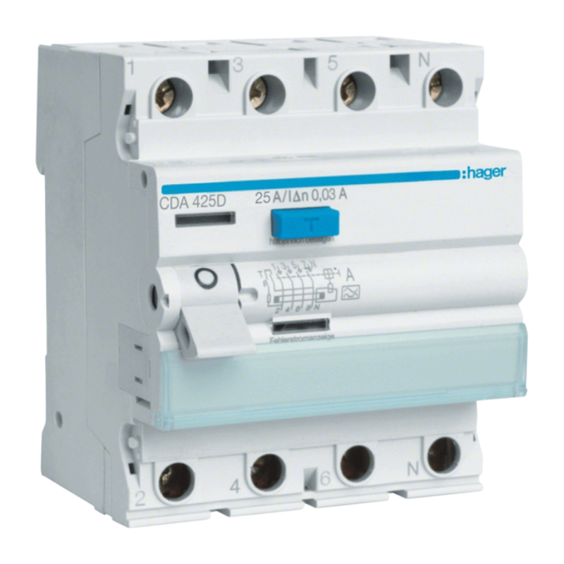 Hager CDA425D FI-Schutzschalter – Typ A, 4-polig, 6kA, 25A, 30mA