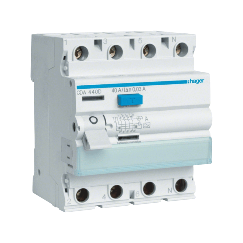 Hager CDA440D FI-Schutzschalter – 4-polig, 30 mA, Typ A, 40 A, 400V