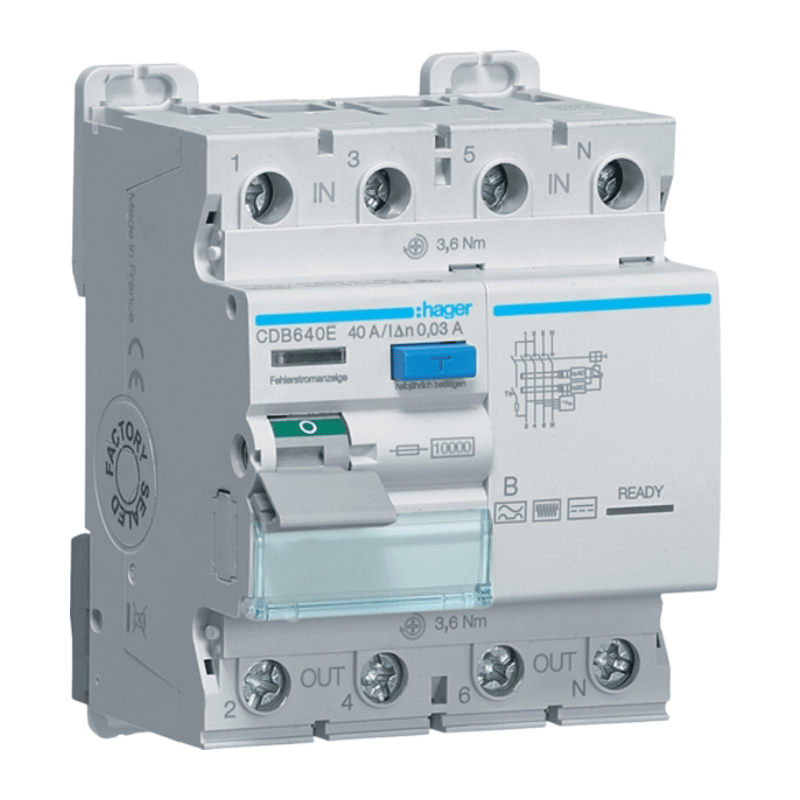 Hager CDB640E FI-Schutzschalter – Typ B, 4-polig, 10kA, 40A, 30mA