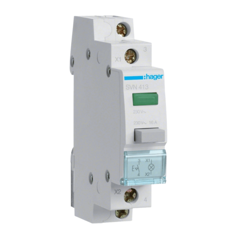 Hager SVN413 Druckschalter – 1 Schließer, 230V AC, 16A, mit Leuchtmelder grün, 1 TE