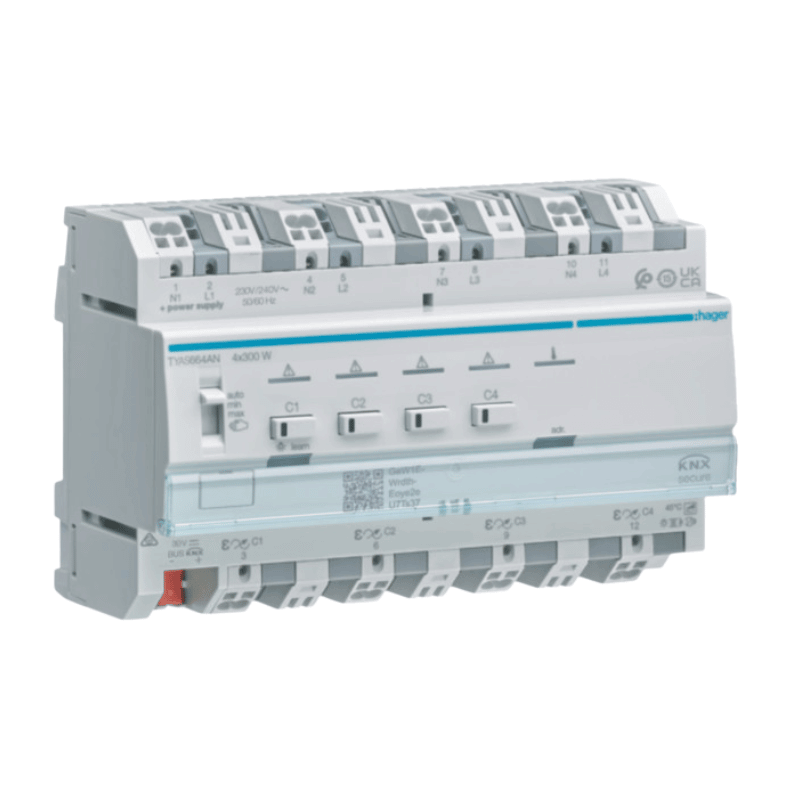 Hager KNX-Universal-Dimmaktor TYAS664AN – 4-fach, 4x300W, ESL/LED, REG