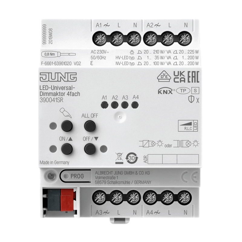 Jung KNX-Dimmaktor 390041SR – 4-fach, 4x225W, REG 4TE, HV-LED