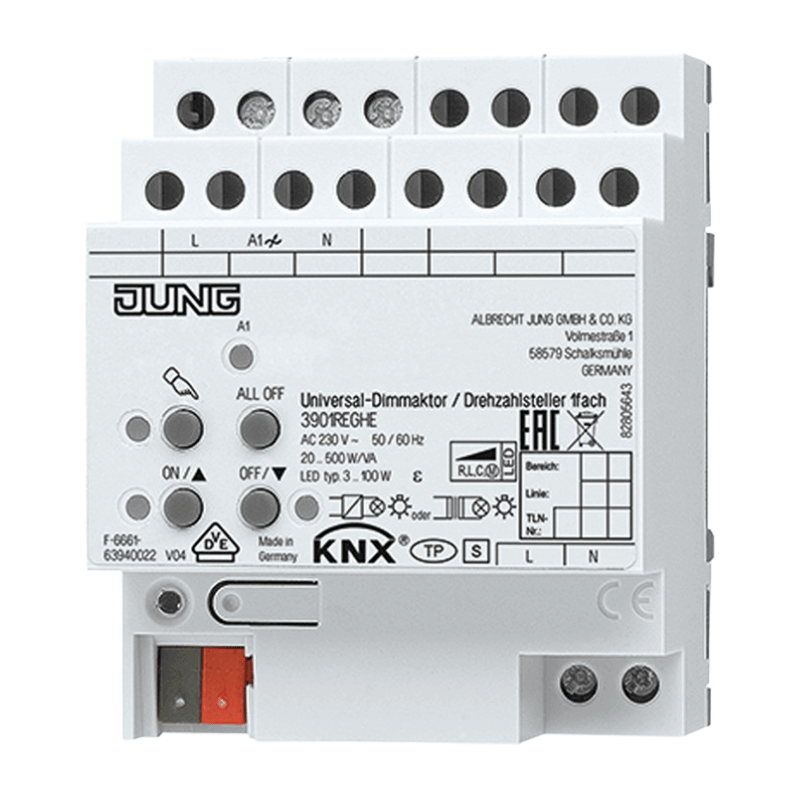 Jung KNX-Dimmaktor 3901REGHE – 1-fach, 500W, REG 4TE, ETS