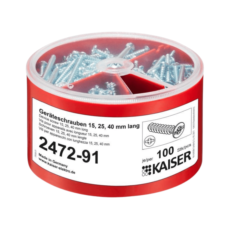 Kaiser 2472-91 Geräteschrauben-Box – PlusMinus, Ø 3,2 x 15 / 25 / 40 mm, je 100 Stück