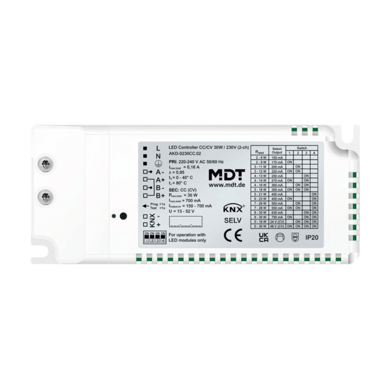 MDT KNX-LED-Controller AKD-0230CC.02 – 2-fach, CC/CV, 30W, UP