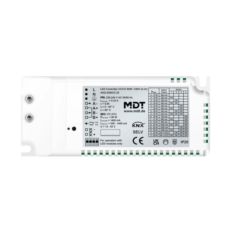 MDT KNX-LED-Controller AKD-0260CC.02 – 2-fach, CC/CV, 60W, UP