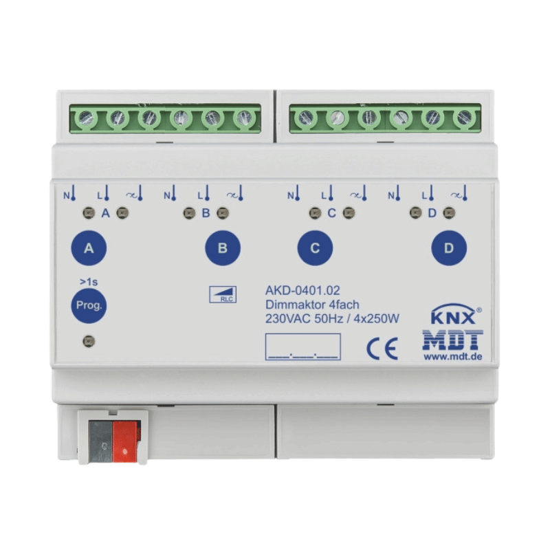 MDT AKD-0401.02 KNX Dimmaktor – 4-fach, 6TE REG, 250 W, 230 V AC, mit Wirkleistungsmessung