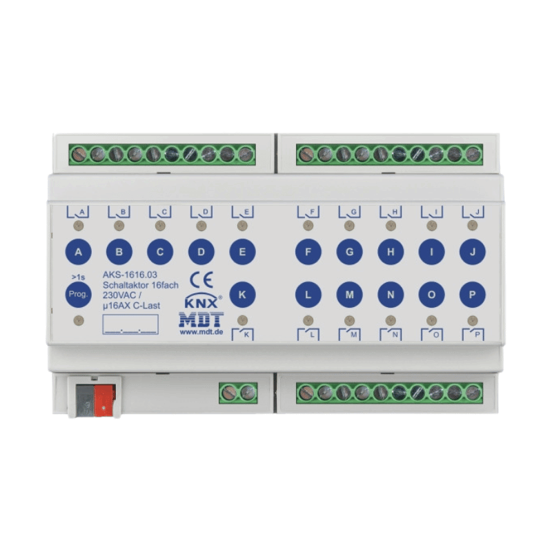 MDT AKS-1616.03 KNX Schaltaktor – 16-fach, 8TE REG, 16 A, 230 V AC, C-Last Standard, 140 µF