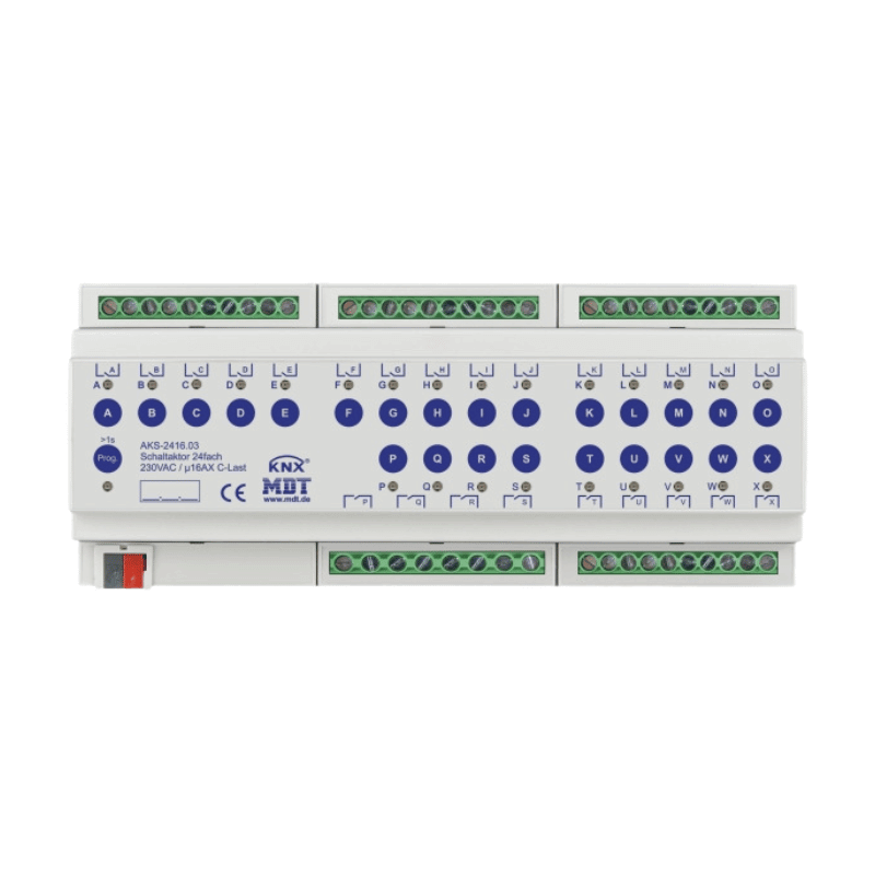 MDT AKS-2416.03 KNX Schaltaktor – 24-fach, 12TE REG, 16 A, 230 V AC, C-Last Standard, 140 µF