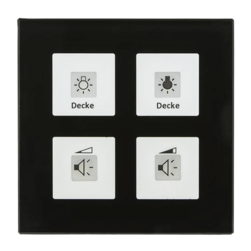 MDT KNX-Glastaster Plus BE-GT04S.01 ist ein 4-fach Taster in Glas schwarz mit LED-Betriebs- und Statusanzeige und Orientierungslicht