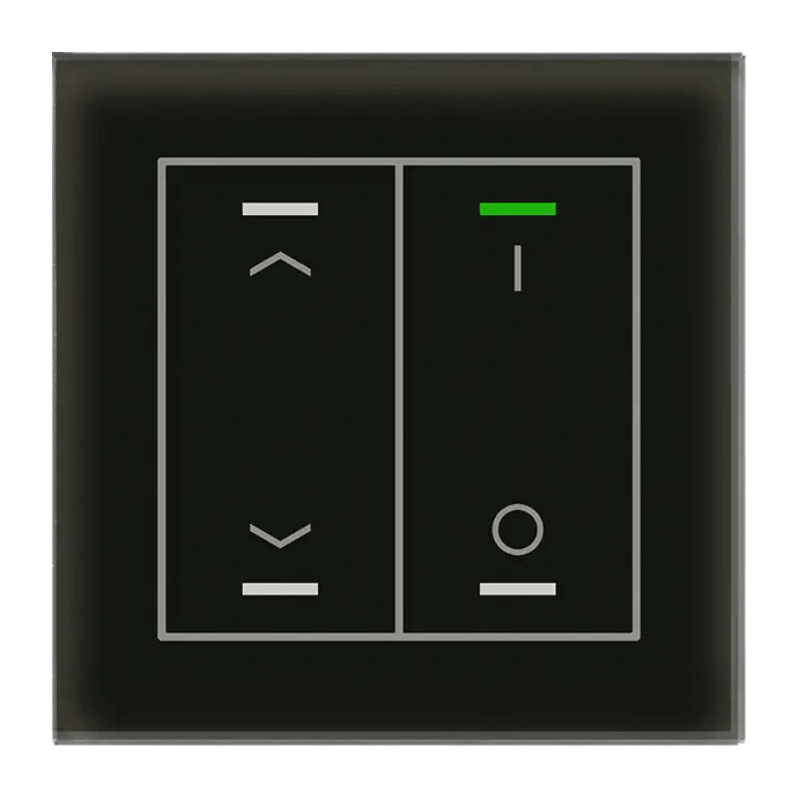 MDT KNX-Glastaster II Light BE-GTL2TS.C1 2-fach mit Pfeil- und I/O-Symbolen in Glas schwarz mit Temperatursensor