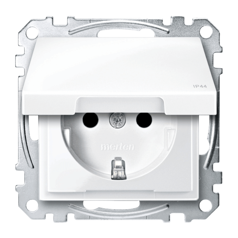 Merten MEG2414-0319 Schuko-Steckdose – System M, IP44, Klappdeckel, Schraubklemmen, polarweiß glänzend