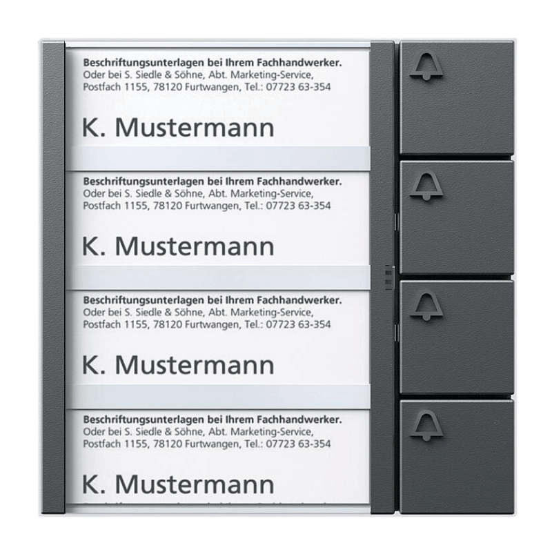 Siedle BTM 650-04 DG Bus-Tasten-Modul – In-Home-Bus, 4-fach, Namensschild, Ruftasten, dunkelgrau